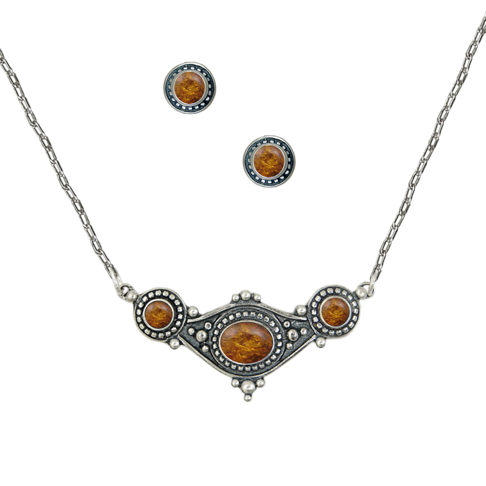 Sterling Silver Designer Necklace Earrings With Amber